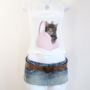 y2k kitten purse graphic cami lace trim coquette top size m